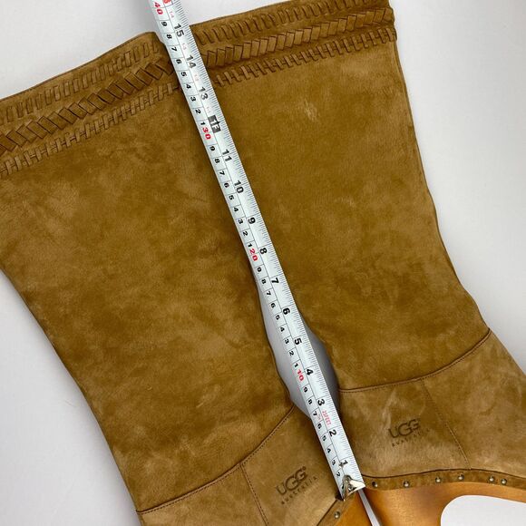 ~ UGG 10 Suede Clog Boots Tan Zip Camel Brown Women Tall Wood Heel Boho HTF Rare - Picture 7 of 14